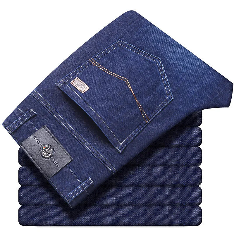 High-stretch denim trousers in straight-leg business casual style with zip placket