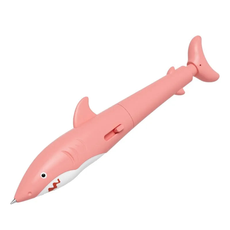 Shark water gun pen in blue plastic with press mechanism for water spray, on white background