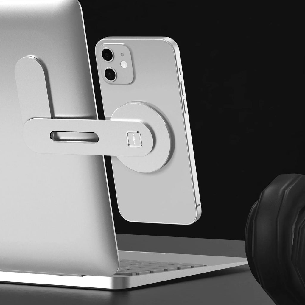 Aluminium alloy magnetic desktop bracket for Apple MacBook 12 in silver finish.