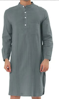 Men's cotton shirt robe in various colours showing shirt collar, front button opening, and pockets