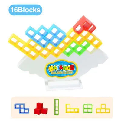 Plastic balance stacking tower game with coloured blocks on a base for kids and adults