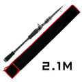 Telescopic carbon fishing rod extended on ground near water, straight handle 2.1m length visible