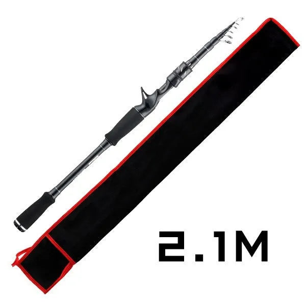 Telescopic carbon fishing rod extended on ground near water, straight handle 2.1m length visible