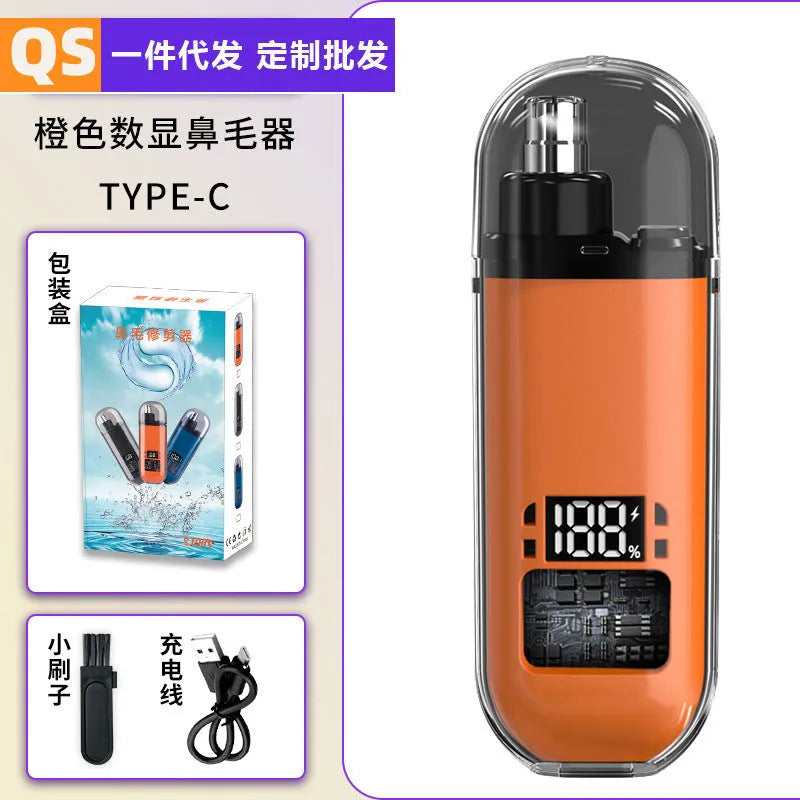 Rechargeable nose hair trimmer with digital display, shown in black, blue, and orange colour options.