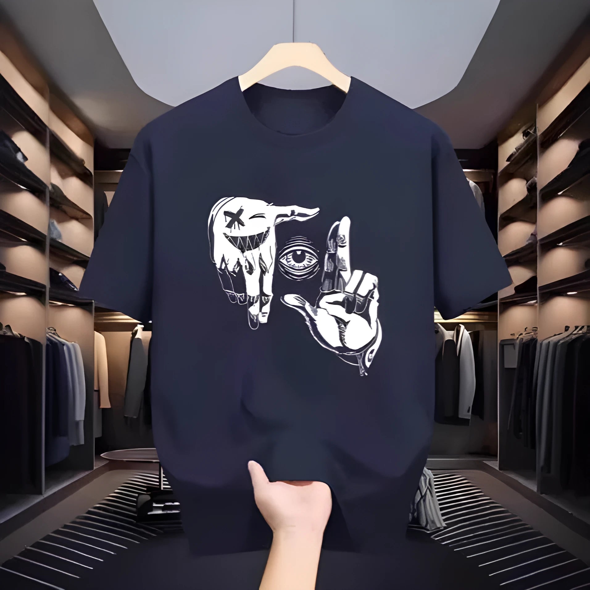 Men's grey cartoon print short sleeve t-shirt made from breathable mesh fabric