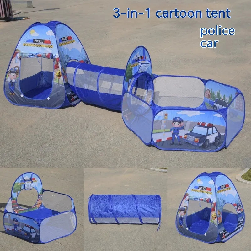 Children's three-in-one cloth play tent set with ball pool and tunnel in a cartoon marine or vehicle theme.