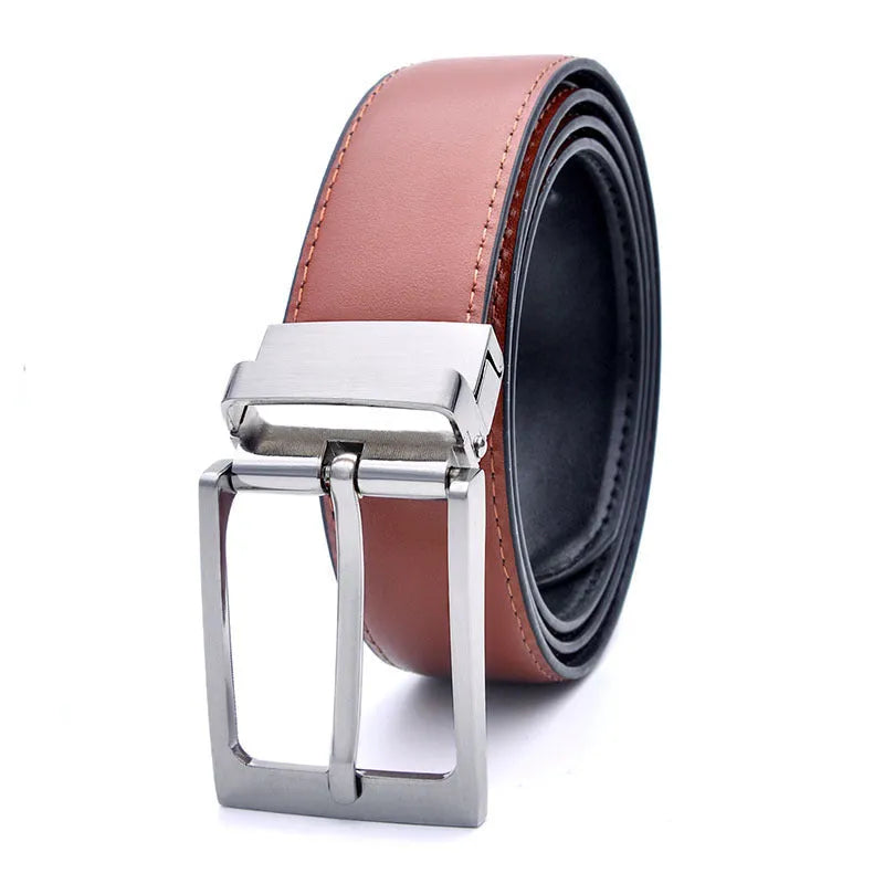 Men's brown and black genuine leather belt with rotating metal pin buckle shown at standard width