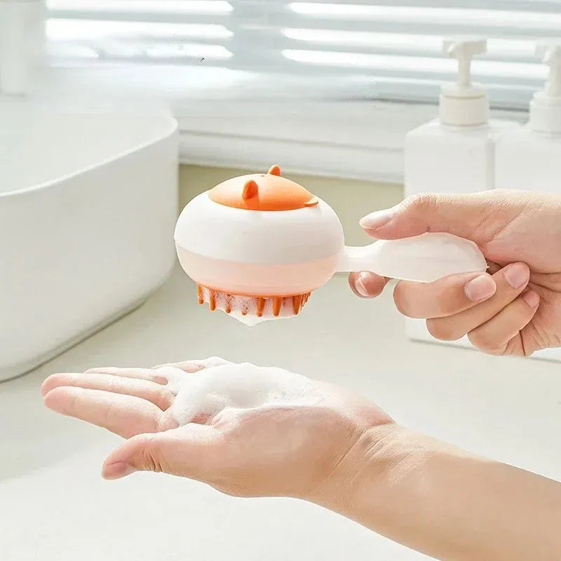 Automatic cleaning pet bath brush with soft gel bristles in blue and orange colour options for dog and cat grooming
