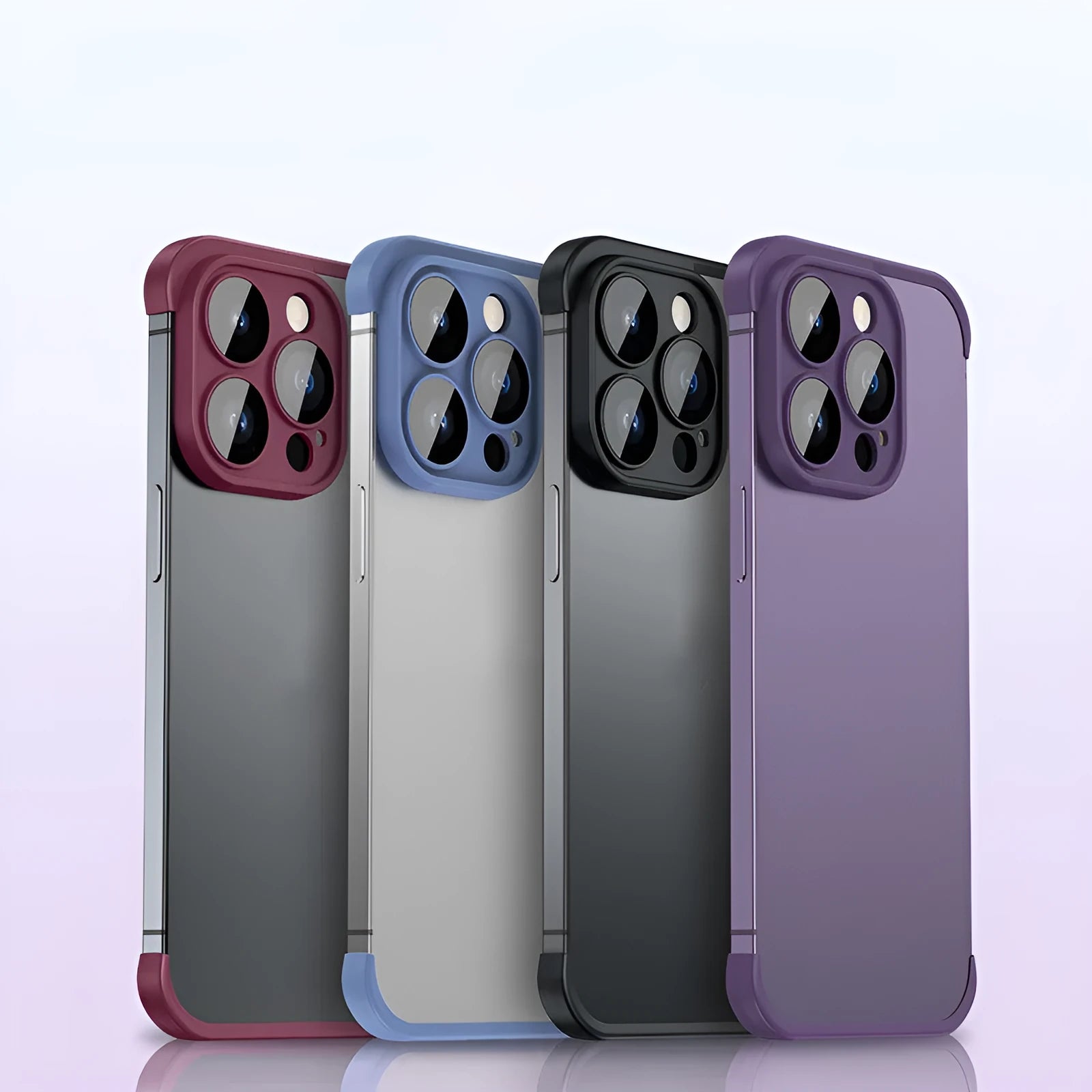 Slim dark purple frameless TPU case for iPhone showing corner padding and integrated glass lens film.