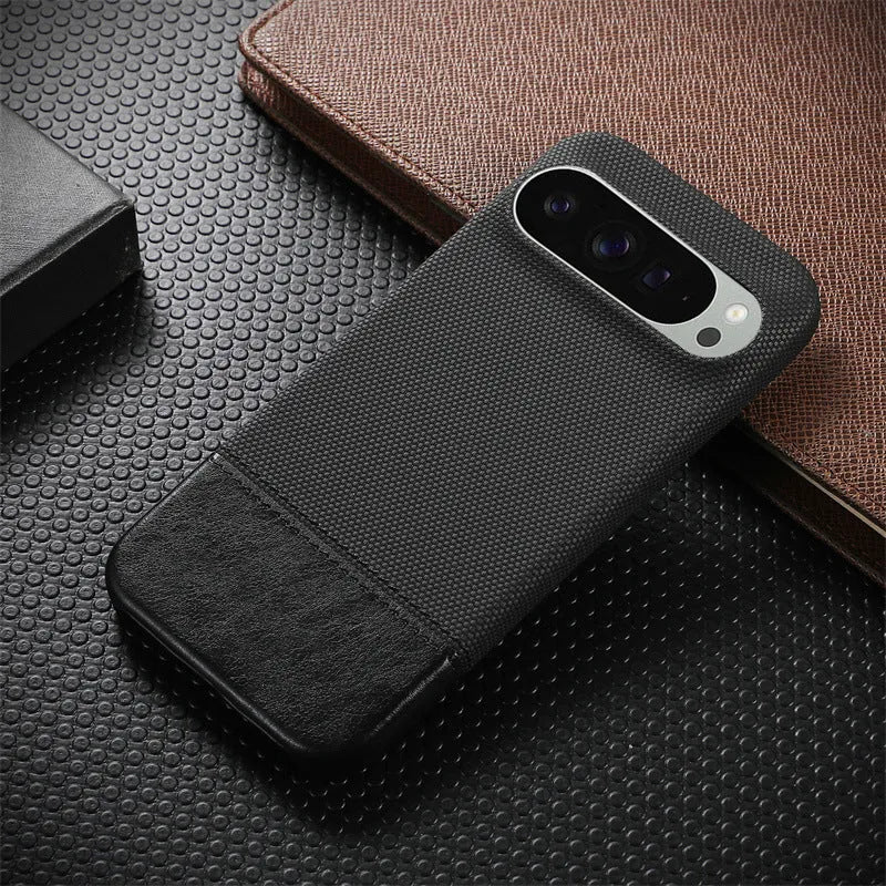Lambskin anti-fall stitched phone case for Google Pixel 9 Pro XL, black colour, plaid pattern back cover