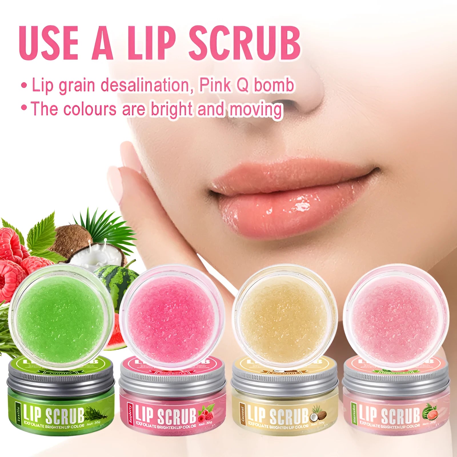 Amatoni Lip Scrub pot in coconut, raspberry, vanilla, or watermelon flavour, 30g.