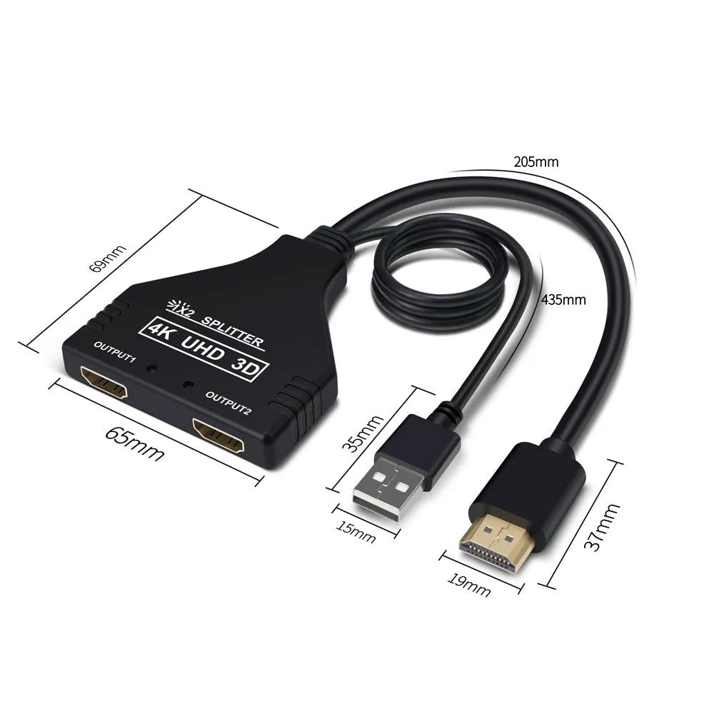 One divided into two HDMI distributor in black with USB power supply and 0.5 metre cable