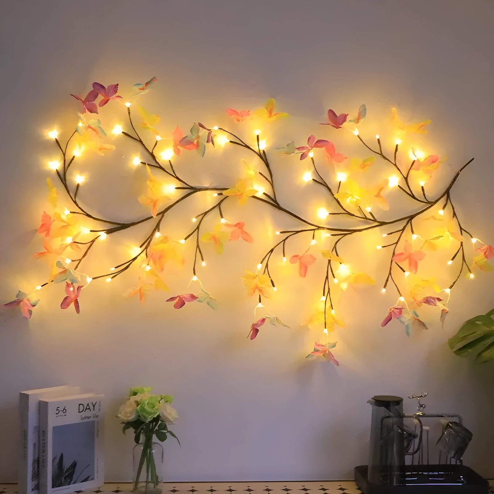 Flexible LED rattan butterfly tree vine lamp with USB cable and colourised lighting effects