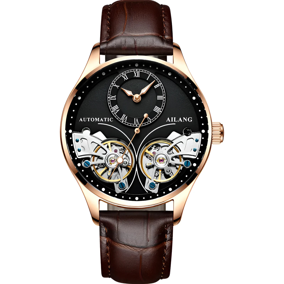 Automatic men's watch with tourbillon and moon phase on a black dial in a titanium case.