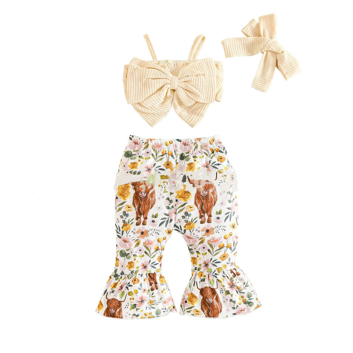 Girls three-piece cotton outfit set with bow suspender top, trousers and hairband in beige or light brown