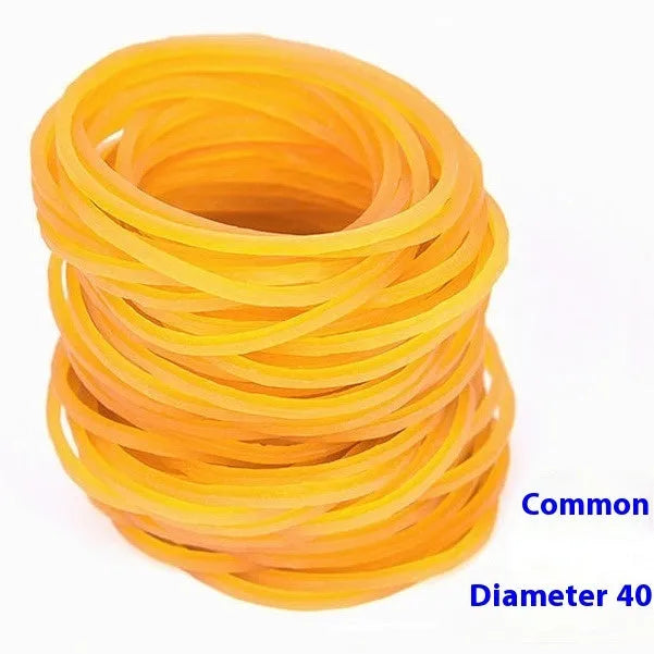 Bulk pack of assorted yellow rubber bands in sizes from 16mm to 70mm diameter
