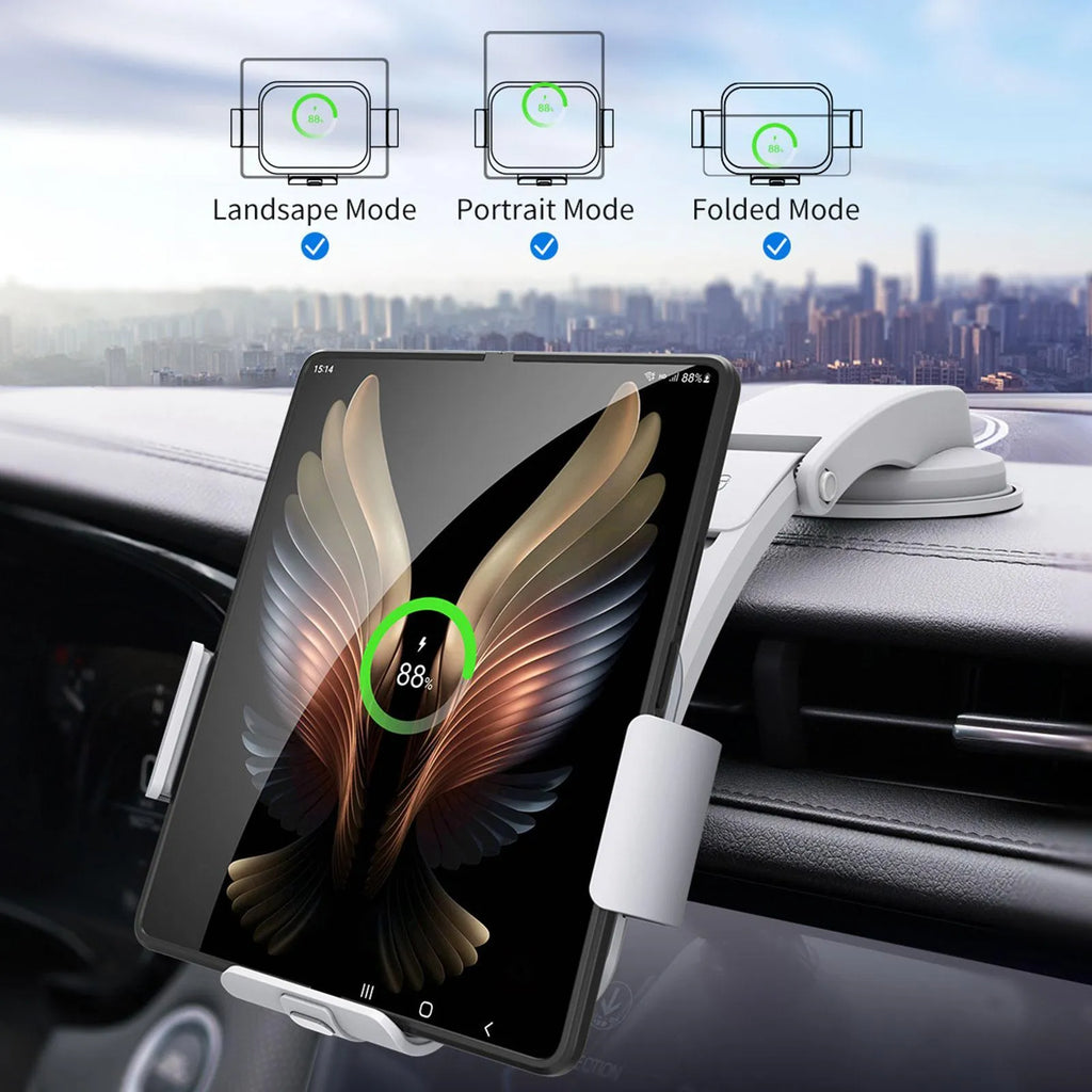 Grey folding screen car phone holder with wireless charging showing air conditioner clip and suction cup mounting options