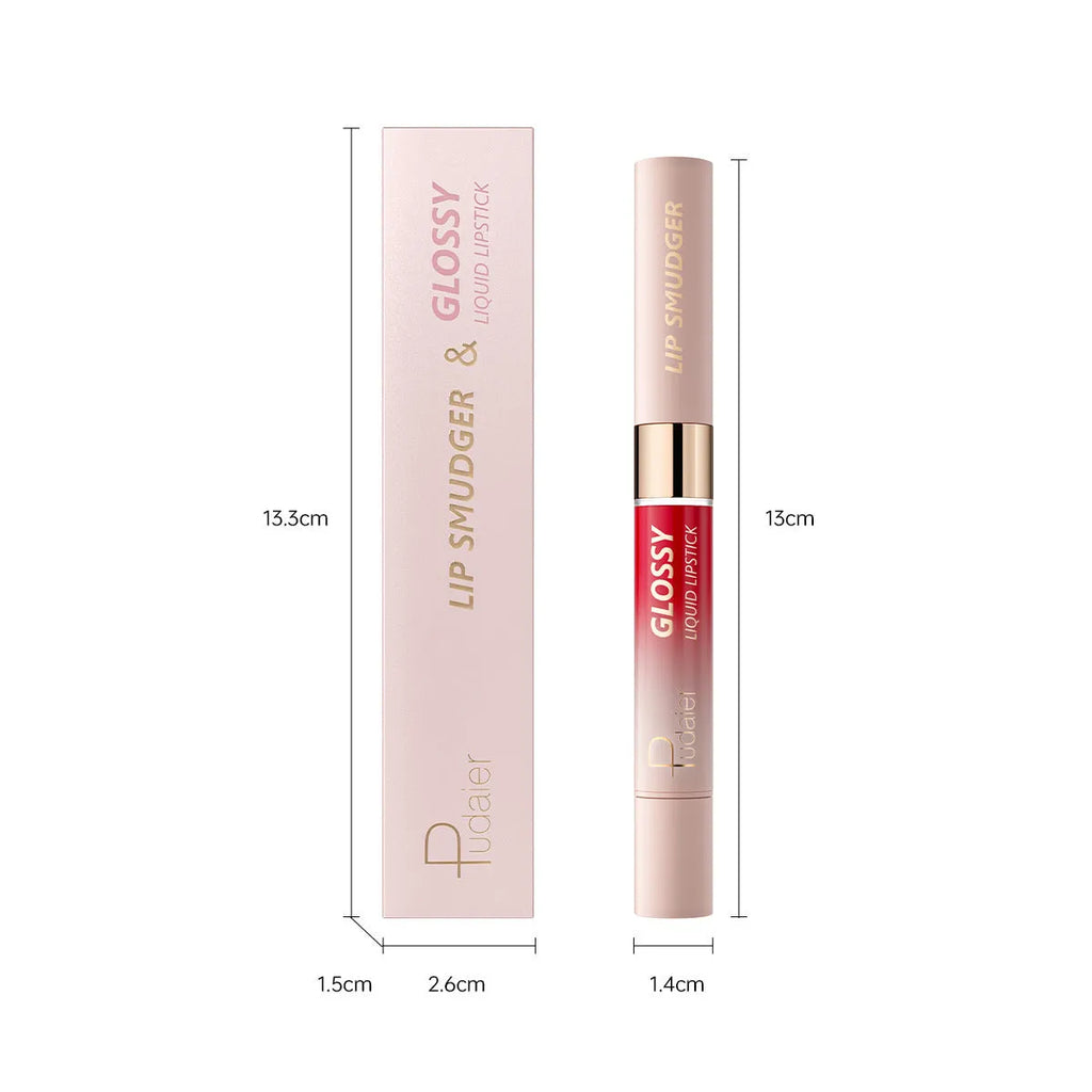 Double-headed lipstick and lip gloss in matte finish showing ten available shade options