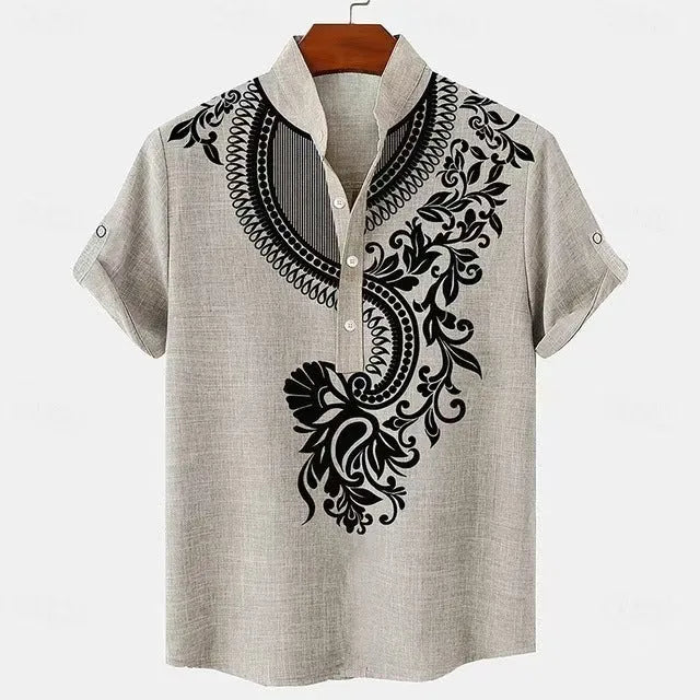 Men's striped loose-fit casual shirt showing personalised button detail and available colour options
