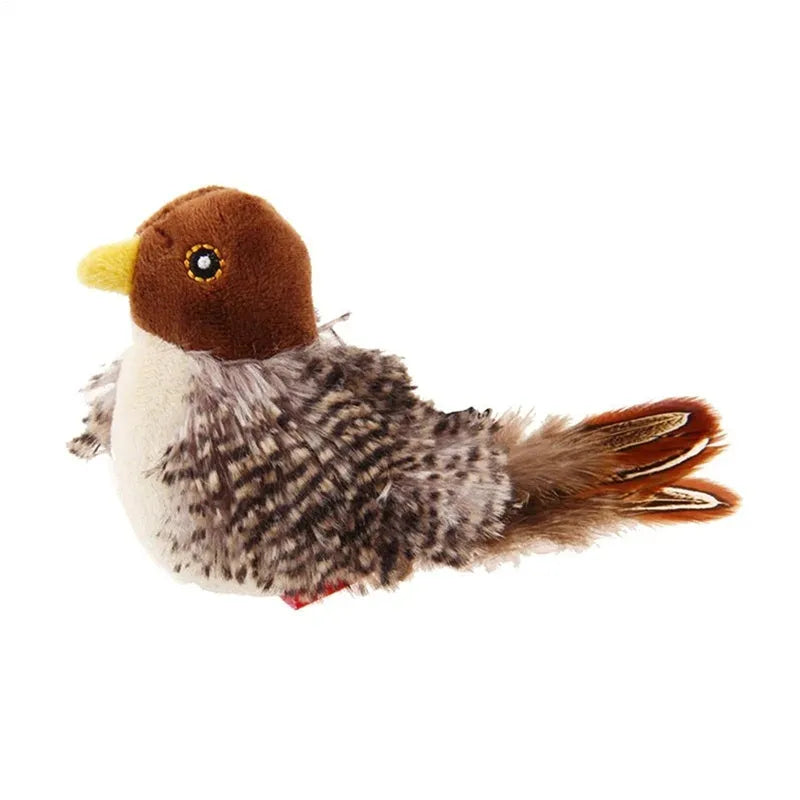 Interactive chirping bird cat toy made of velvet, 5.7x2.8x2.2 inches, with feather and ring for play.