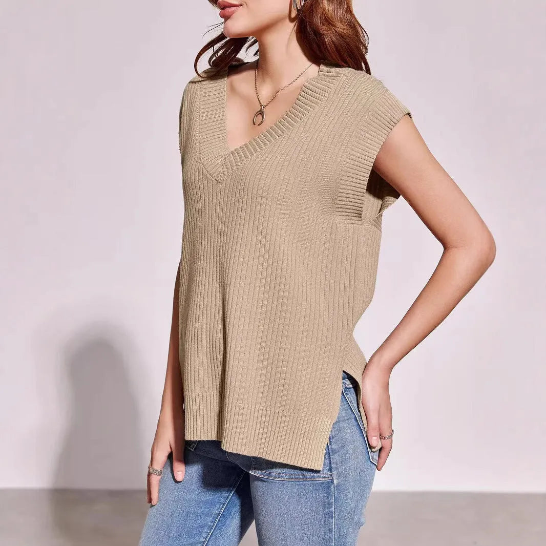 Women's V-neck sleeveless loose pullover vest in viscose fabric, shown in striped or plaid pattern