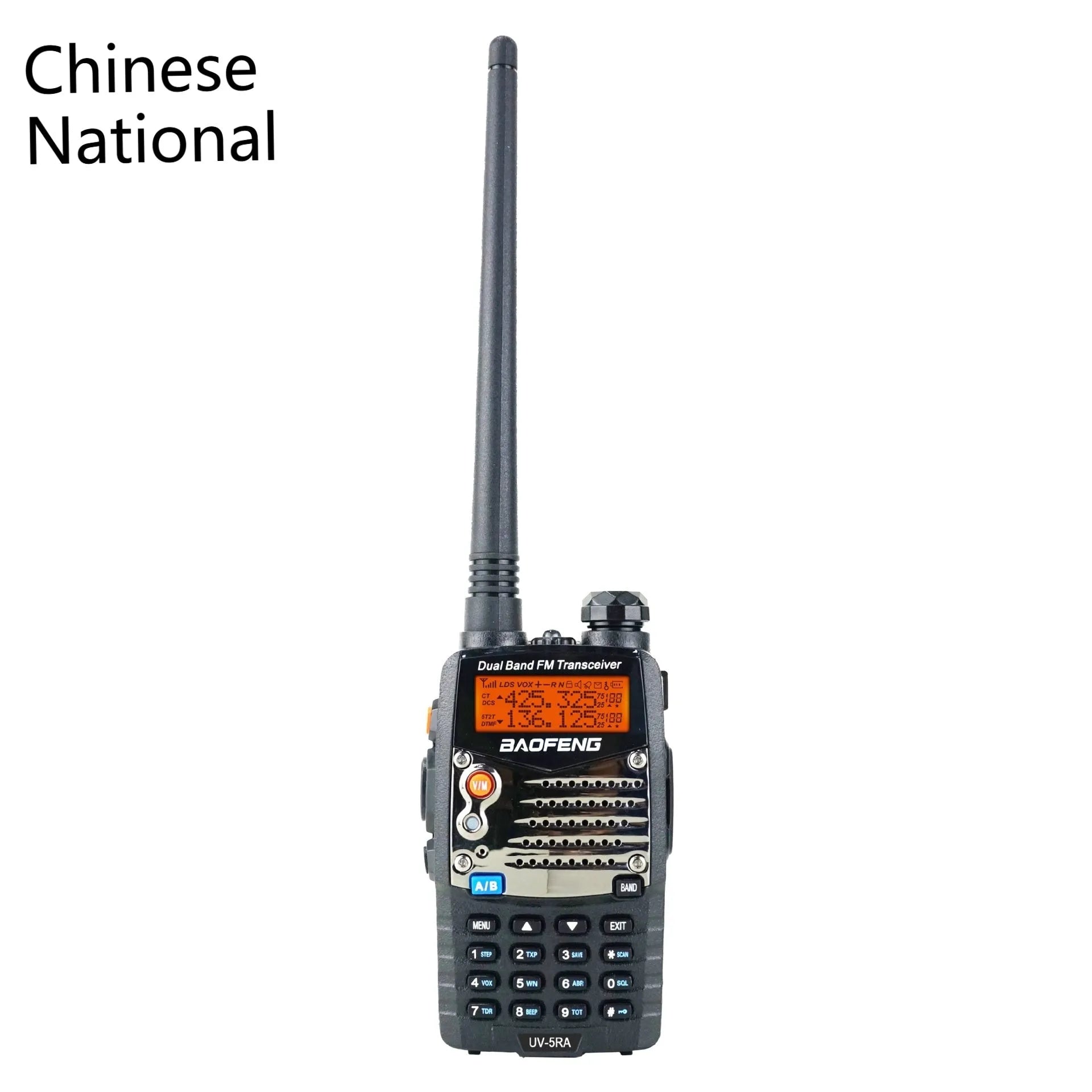 Baofeng UV-5RA dual-band radio with dual display screen showing frequencies
