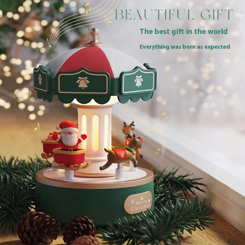 Carousel music box with ambience light showing rotating figurine and USB charging base