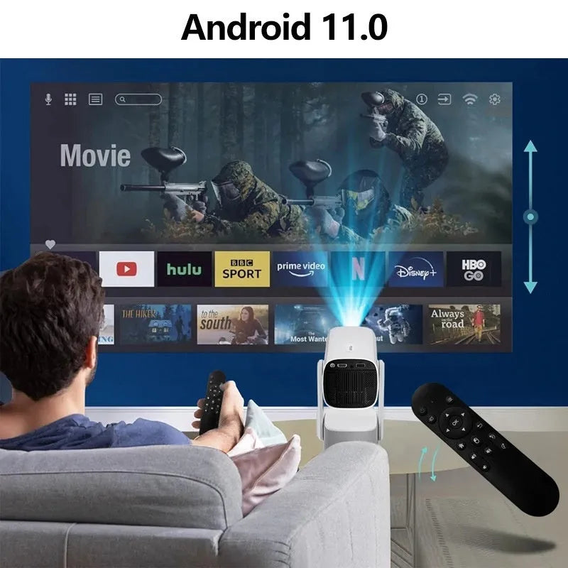 White portable 720p HD video projector with built-in battery, 230ANSI brightness, and remote control for home bedroom use