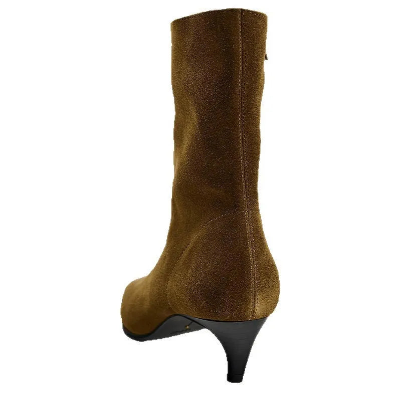 Brown square toe kitten heel boots with side zipper and low tube design