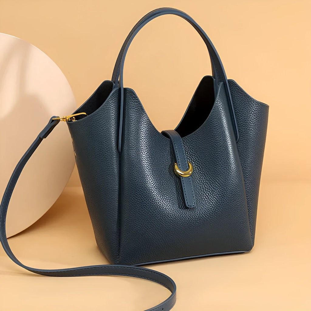Genuine leather women's large capacity hand holding bucket bag in European retro style