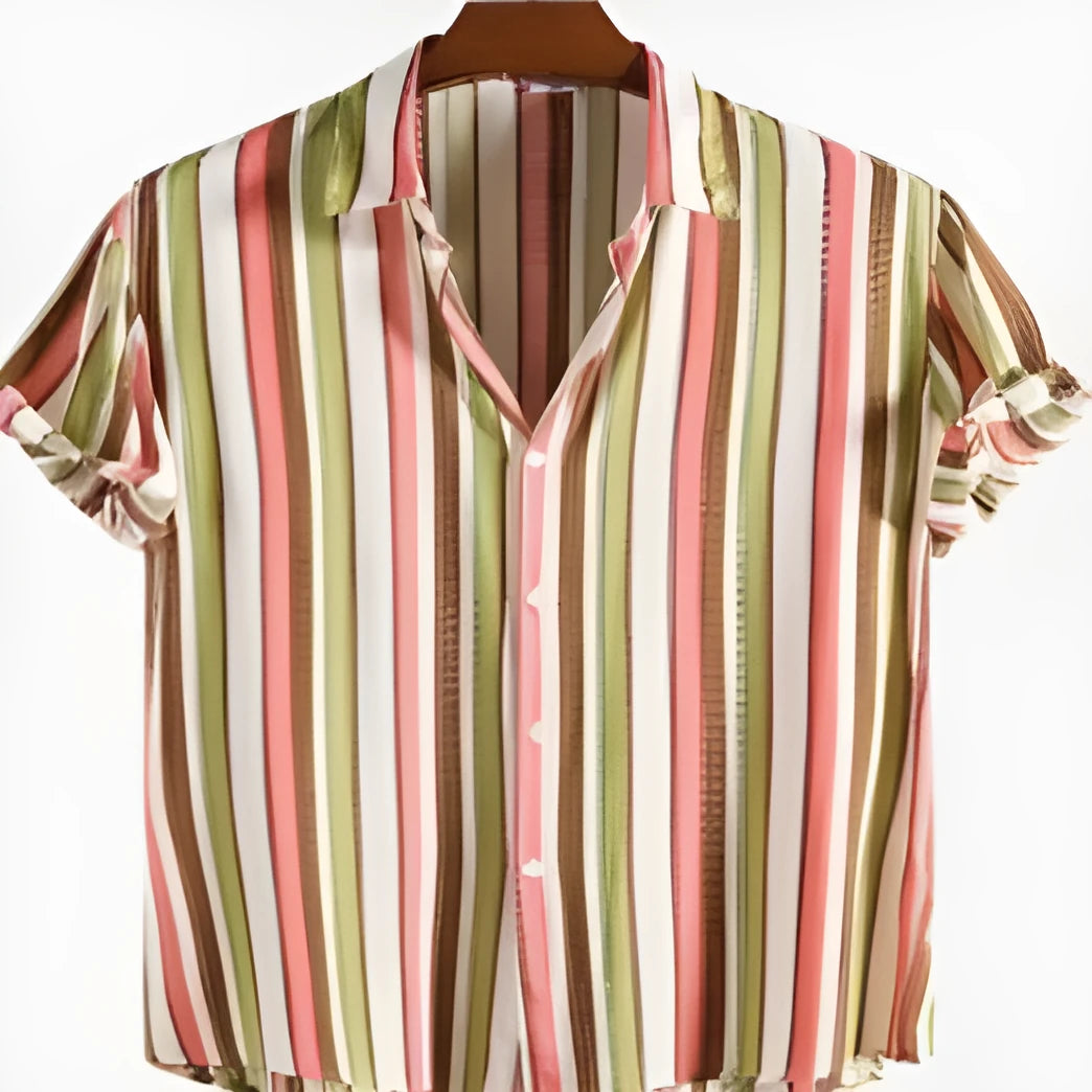 Men's short sleeved polyester shirt with a digital printed pattern in Colour 1, shown on a hanger.