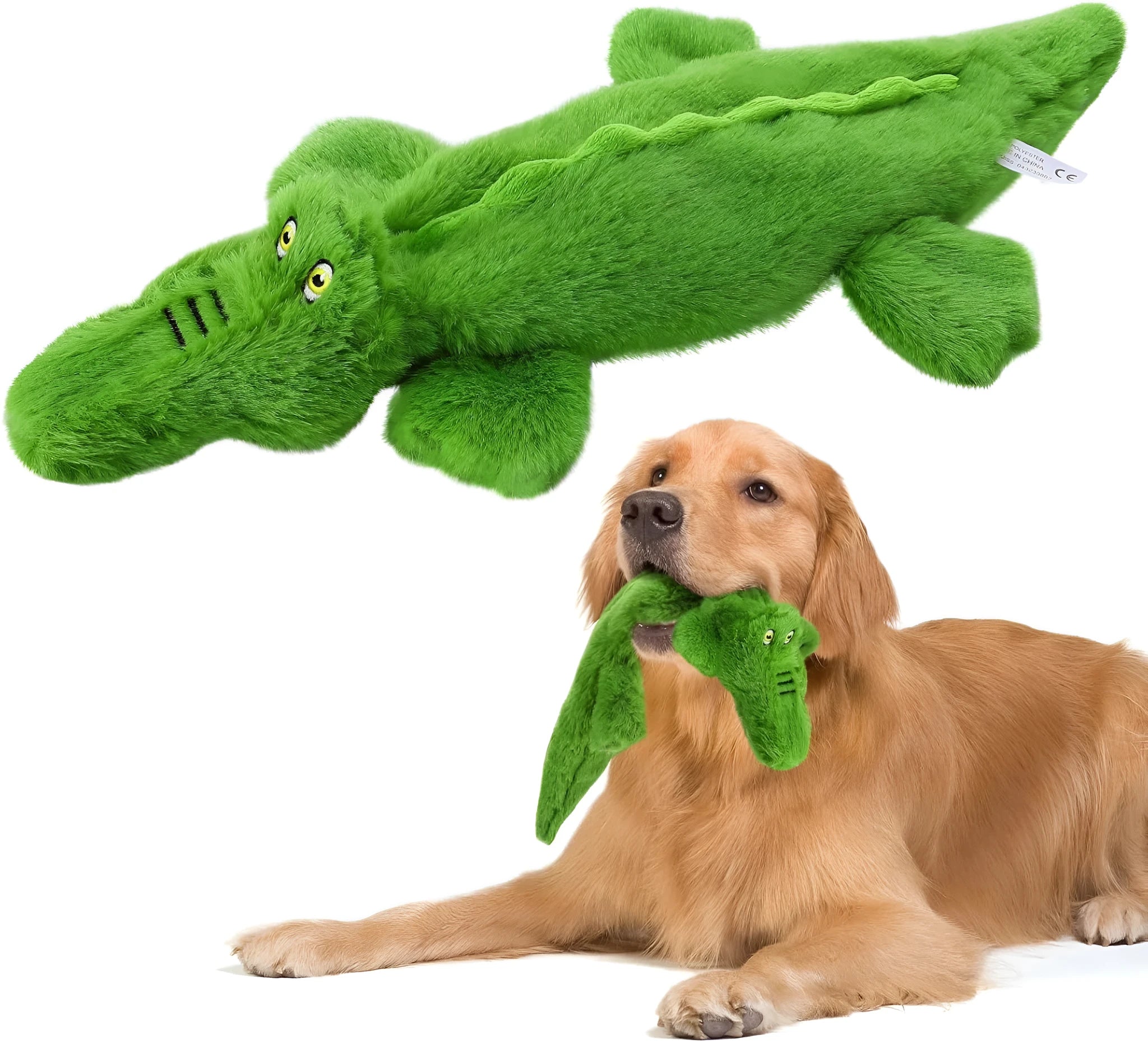 Green crocodile plush dog toy with no stuffing design for aggressive chewers