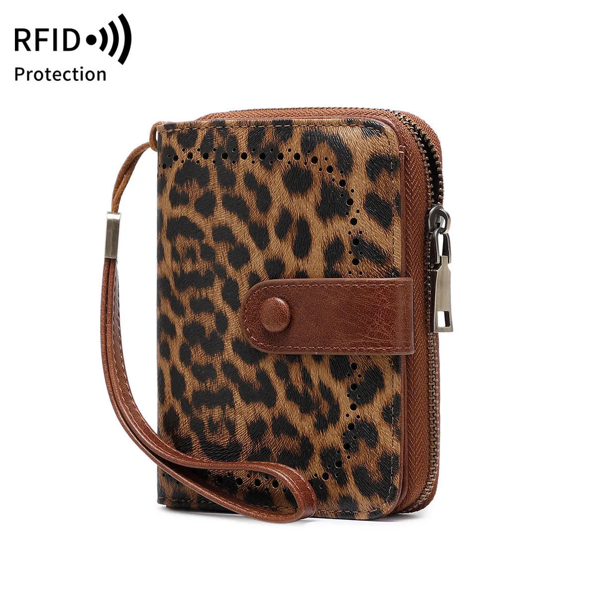 Leopard print retro wallet with zipper closure and contrast stitching, made from PU leather.