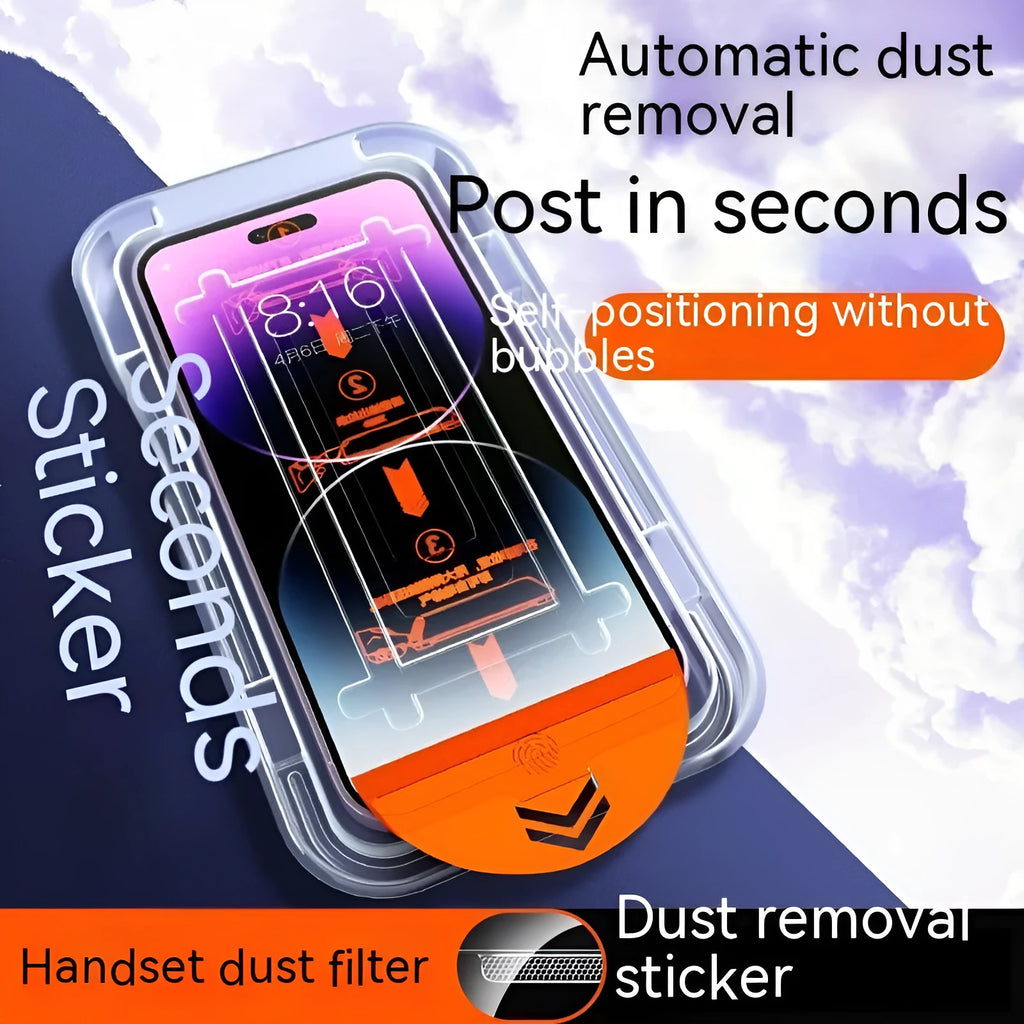 iPhone tempered glass screen protector with anti-fingerprint and anti-blue light features, shown with dustproof application net.