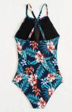 Women's deep V-neck one-piece swimsuit in a solid colour or gradient pattern.