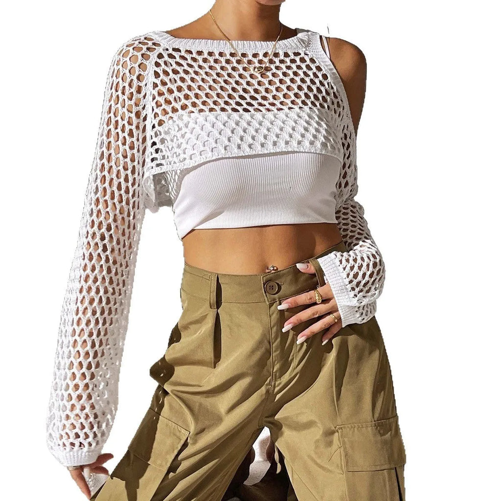 Beachwear mesh shirt with hollowed navel design in Army Green colour