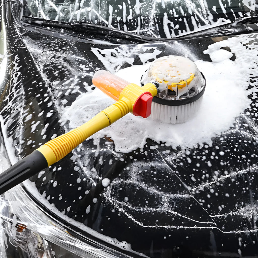 Yellow car wash mop cleaning tool with chenille brush head and hydraulic pressure system