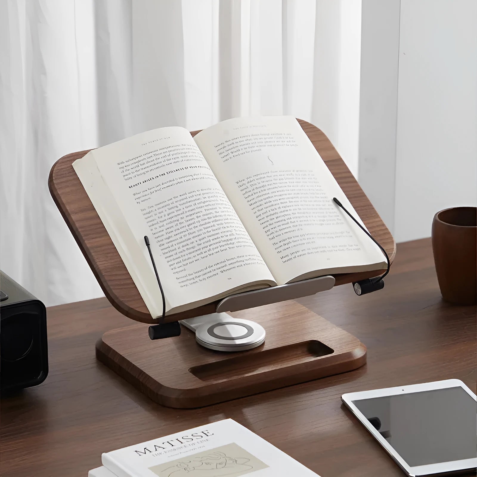 Walnut wood adjustable rotating reading rack holding book at angle