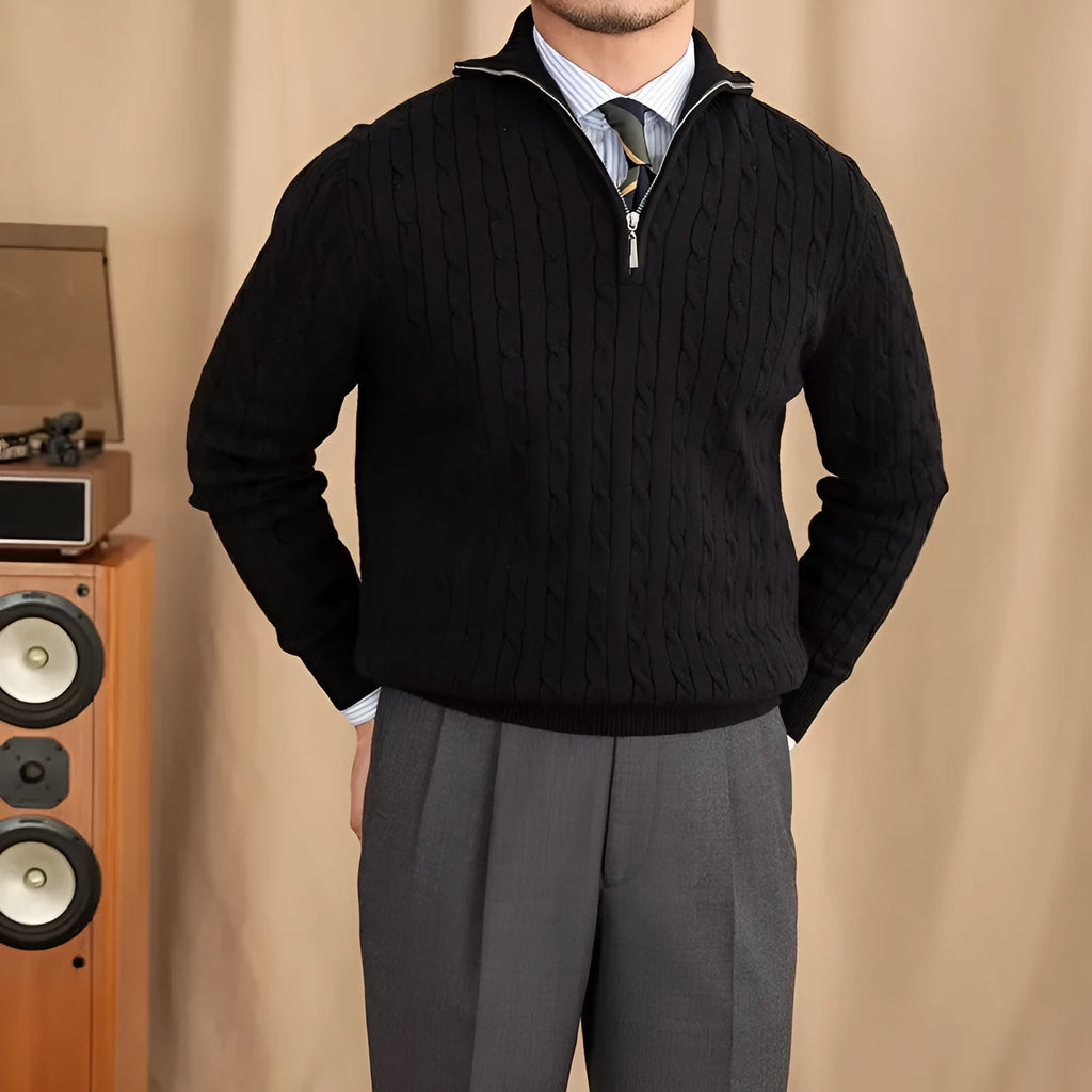 Men's black polyester slim-fit long sleeve sweater on plain backdrop
