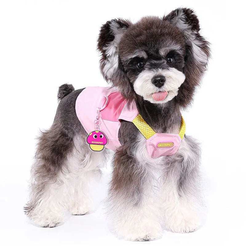 Pink polyester pet vest dog jacket shown on small breed dog