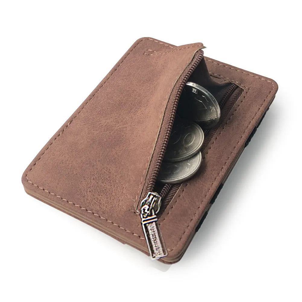 Korean style matte leather magic wallet in horizontal square shape showing coin pocket and sewn detailing.