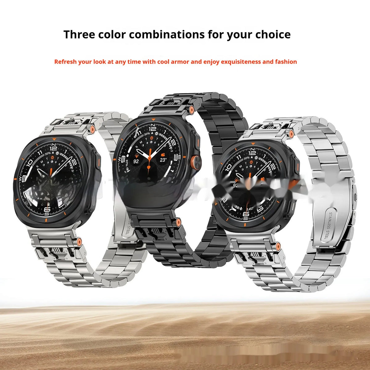 Three steel band armor metal watch strap for Samsung in Black, Silver, and Starlight colours