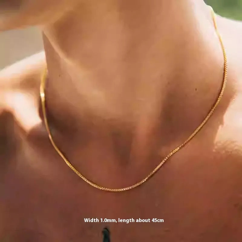 Box chain necklace in copper plated gold, unisex geometric design, 0.8mm to 2mm width, 40cm to 55cm length