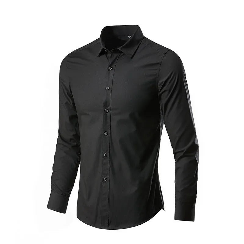 Men's loose long-sleeve linen shirt on a hanger, shown in a navy blue colour.