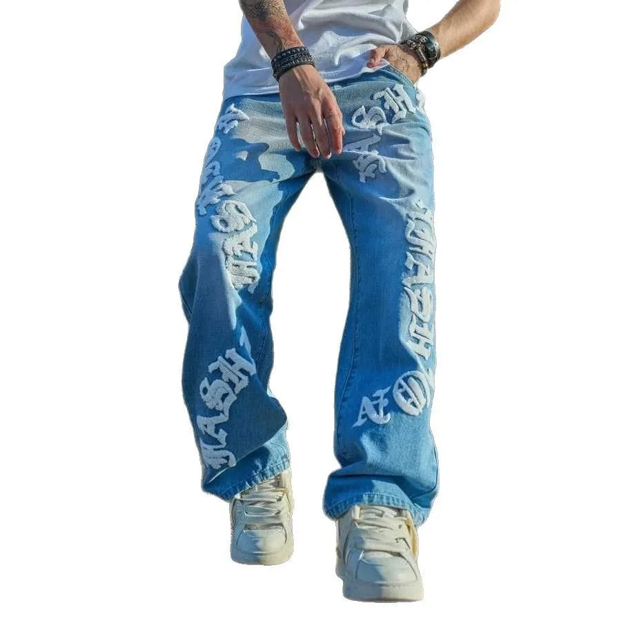 Men's loose straight casual cotton denim jeans in washed blue, mid waist with zip fly, sizes XS-XXL
