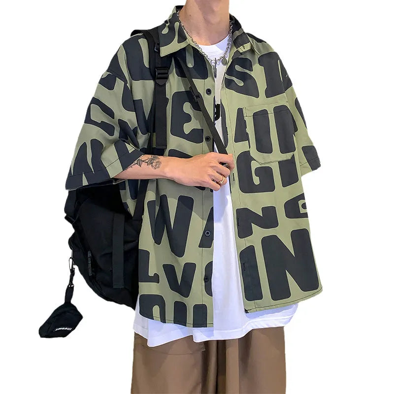 Men's cotton blend hip hop short sleeve shirt in loose fit summer style, Army Green colour