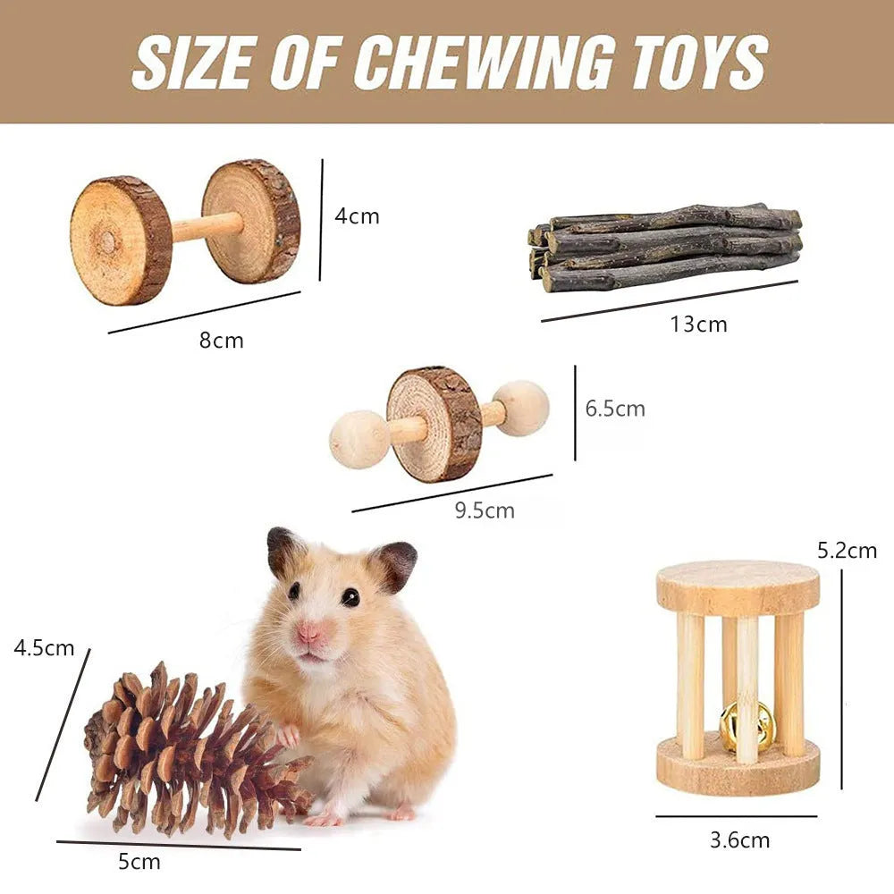Assortment of natural wooden chew toys for small pets like rabbits and parrots on a white background.