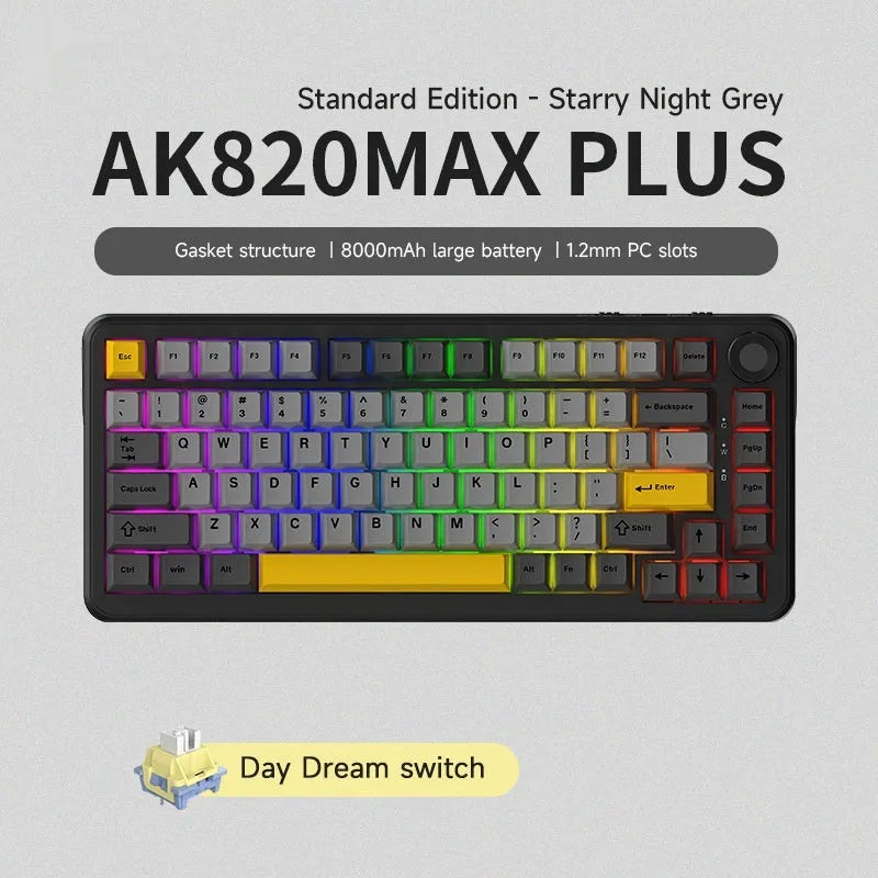 Three-mode wireless mechanical keyboard with black, grey and yellow colour scheme and included accessories