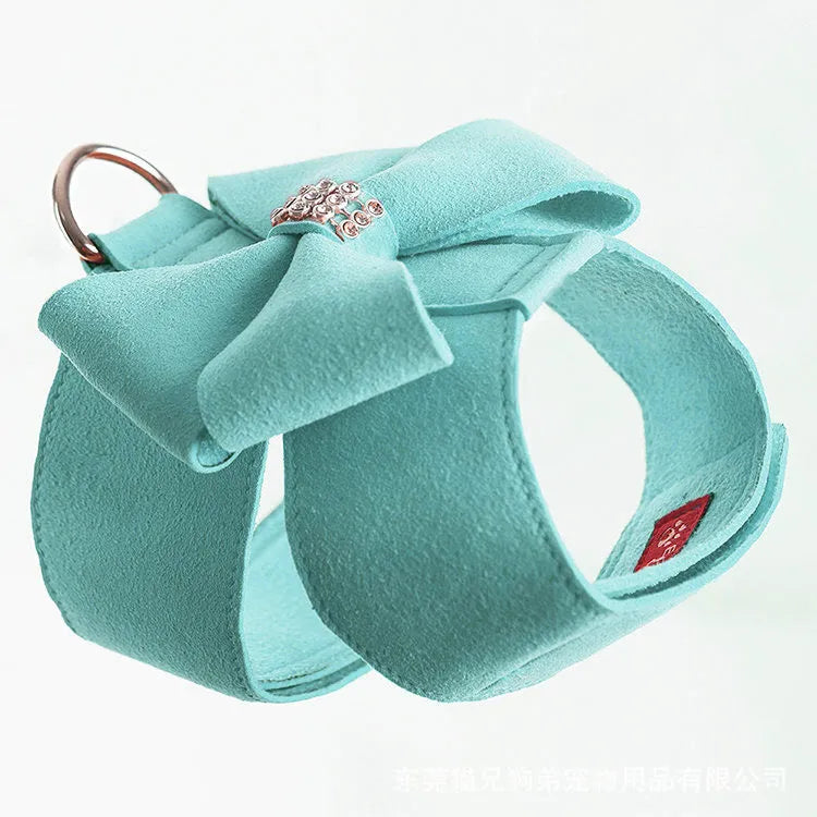 Cute fashion bowknot puppy chest strap harness in microfiber material showing colour options