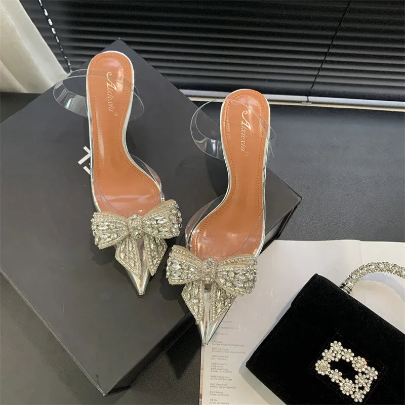 Silver pointed toe bow rhinestone transparent high heel sandals with slip-on design